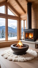 Cozy Cabin Fire Winter Mountain View.