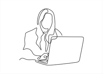 Woman working on laptop, continuous line drawing.  line icon-continuous line drawing. Editable stroke.