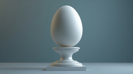 Elegant White Egg Displayed on Classic Pedestal Against Blue Background