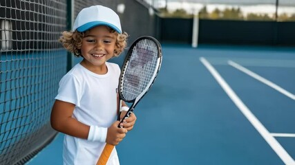 boy with tennis racket on court with copy space - Powered by Adobe