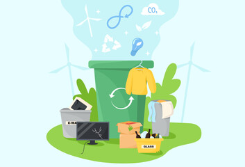 Various types of waste like e-waste, glass, and clothes sorted for recycling in green environment, clean energy concept. Vector illustration