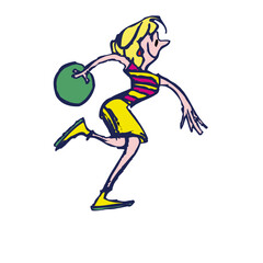 Cartoon woman in yellow skirt and striped shirt bowling a green ball