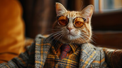 A fashionable orange cat dons glasses and a suit, exuding a charming and sophisticated aura that showcases its unique personality and playful character.