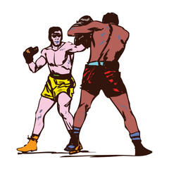 Two boxers intensely battling in a competitive match throwing punches at each other