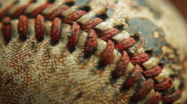 Fototapeta A detailed close-up of a vintage baseball highlighting its unique stitching and texture, symbolizing the rich history and passion of America's favorite pastime.
