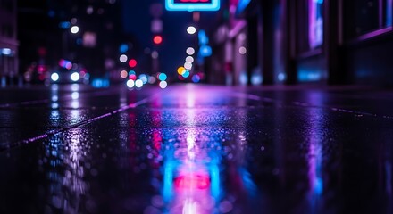Night Street with Neon Lights Reflecting on Wet Pavement After Rain