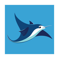 Stylized vector illustration of a swimming manta ray with a blue background