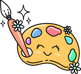 Retro Groovy Cute Cartoon Art Palette and Paintbrush