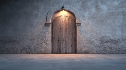 An inviting rustic wooden door, softly illuminated by a warm light, stands against a weathered textured wall, symbolizing mystery and the allure of hidden places.