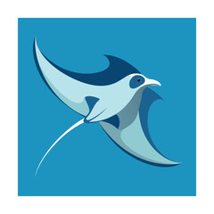 Artistic illustration of a graceful swimming manta ray in shades of blue on turquoise background