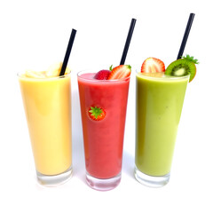 Fototapeta premium Three colorful fruit smoothies with straws