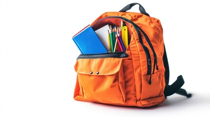 Orange backpack filled with school supplies