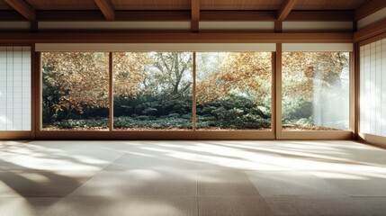 A serene Japanese room filled with natural light, offering a picturesque autumn view through large windows, inviting tranquility and mindfulness.