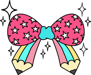 Retro Groovy Starry Bow and Pencil Graphic
