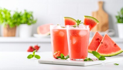 Two refreshing watermelon juice glasses with ice cubes and mint garnish sit on a white counter in a bright kitchen, embodying summer hydration and healthy refreshment.