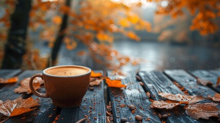 A warm cup of coffee rests on a wooden table surrounded by colorful autumn leaves, inviting feelings of comfort, warmth, and the simple pleasures of life in a serene natural setting.