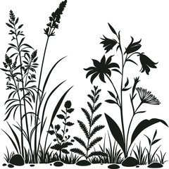 
This collection of black silhouette images features various wild plants and flowers, some with elements like small stones or butterflies.