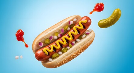 Classic Hot Dog Ingredients Floating American Food Photography