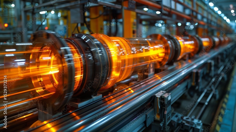 Poster an advanced manufacturing setup showcases glowing tubes in motion, representing high-tech production
