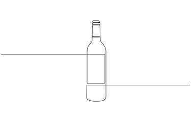 Champagne bottle with open cork and splash of bubbles in elegant continuous line art, Minimalist linear sketch of alcohol drink in glass and bottle.
