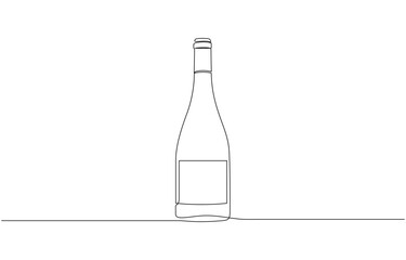 Champagne bottle with open cork and splash of bubbles in elegant continuous line art, Minimalist linear sketch of alcohol drink in glass and bottle.