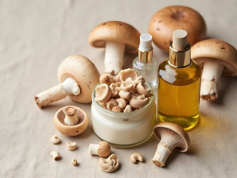 Mushroom-infused skincare in elegant glass bottles, surrounded