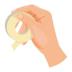 Human hand holding a roll of adhesive tape in a flat style on a white background, concept of office or packaging tools. Vector illustration
