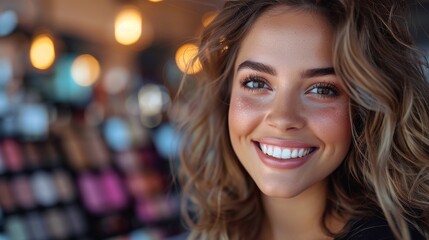 Obraz premium A cheerful young woman displays a radiant smile, showcasing her beauty amid a colorful array of cosmetics in a vibrant beauty store environment filled with light.