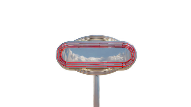 Chrome and red neon diner sign reflecting white clouds and blue sky on a transparent background, perfect for adding a vintage touch to any project
