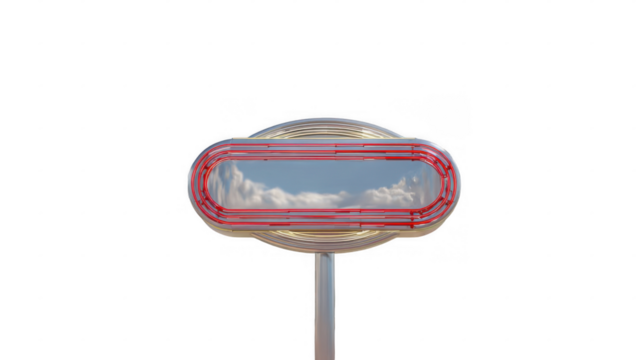 Chrome and red neon diner sign reflecting white clouds and blue sky on a transparent background, perfect for adding a vintage touch to any project
