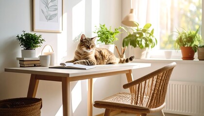 Cozy cat on sunny home desk.
