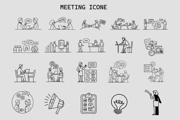 Hand-drawn doodle vector icons: a set of business, web, food, and media illustrations with arrows, people, and coffee elements