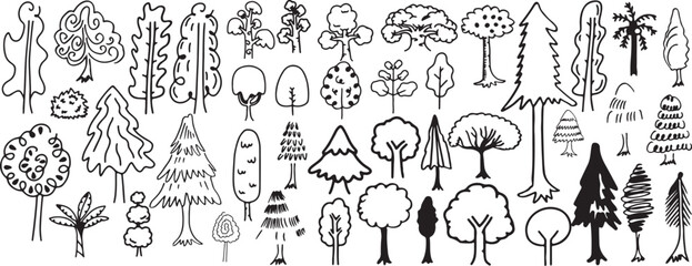 Forest Trees Line Art, Black White Woodland Sketch, Nature Elements, Tree Drawing Pack, Minimal Park Landscape, Hand Drawn Trees, Nature Decor, Vector Design, Outdoor Illustration, Tree Silhouettes
