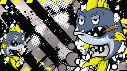 Graffiti Angry Fish Vector Background with Cigar and Urban Elements