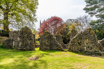 A view of abbey ruins in the Abbey gardens at Bury Saint Edmunds on a bright day in springtime