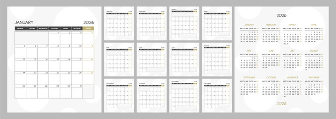 Monthly calendar square planner schedule for 2026 year. Week Starts on Monday