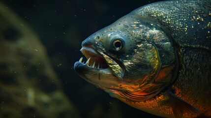 Obraz premium An intense close-up shot of a piranha showcasing its powerful jaw and sharp teeth, highlighting the fierce nature of this fish, which embodies the essence of the wild underwater world.