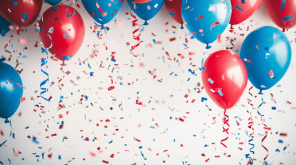 A lively background filled with red and blue balloons, streamers, and confetti on a white backdrop, creating a festive and celebratory atmosphere
