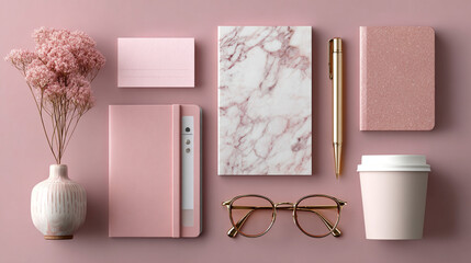 Flat lay of pink stationery items including notebooks flowers and glasses on a pink background.