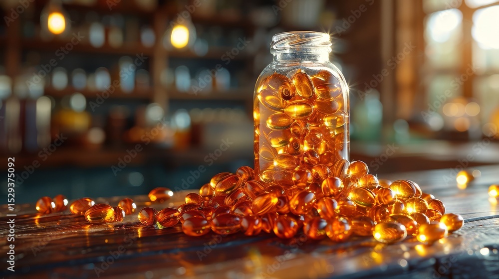 Aufkleber a visually striking composition of a jar filled with gleaming amber capsules sprawled across a rusti