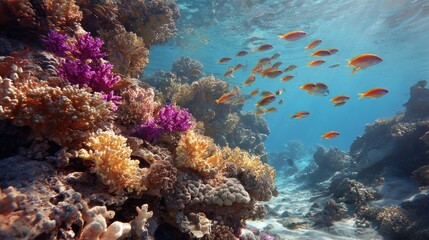 Naklejka premium Vibrant Underwater Coral Reef Scene with Colorful Fish