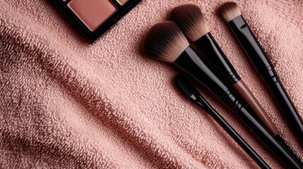Artfully arranged makeup brushes on a plush surface create an inviting aesthetic, symbolizing beauty and creativity in personal grooming and self-expression.