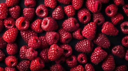 A stunning arrangement of fresh, juicy raspberries on a dark background, emphasizing their rich red color and inviting juiciness, perfect for health-conscious consumers.