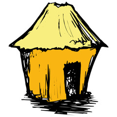 Simple Illustration of a Thatched Hut with Bright Yellow Walls and Roof
