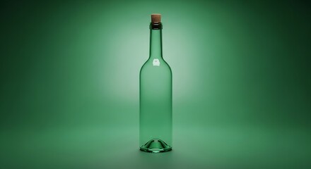 Elegant Empty Glass Bottle with Cork Stopper on Green Background