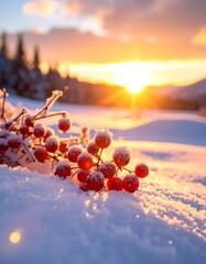 Winter Sunset with Red Berries, and Snow.
