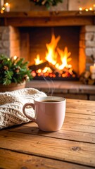 Cozy fireplace with coffee, and winter warmth.