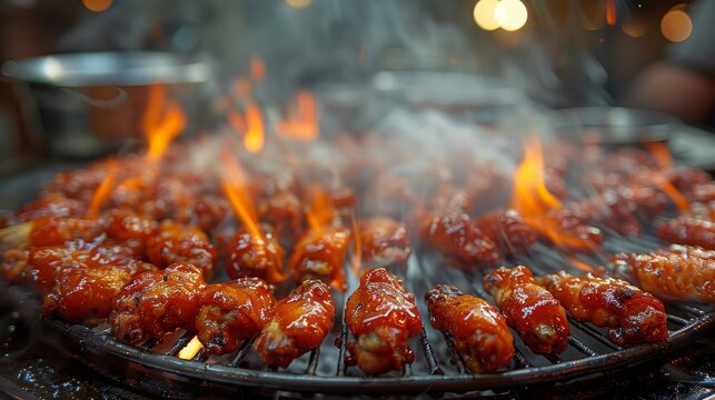 A close-up shot of spicy grilled chicken wings cooking over open flames, showcasing the vibrant colors and the savory texture that entices food lovers everywhere.