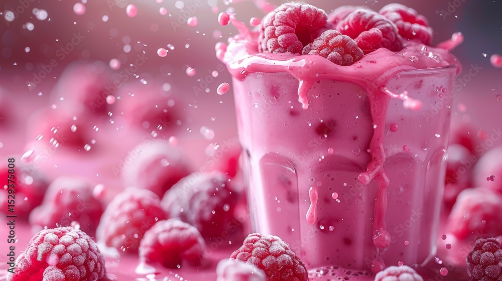 Poster a visually appealing raspberry smoothie splashes in a glass, surrounded by fresh raspberries, emphas
