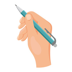 Human hand holding a blue pen in a writing position, flat graphic style on white background. Concept of writing, drawing, education. Vector illustration